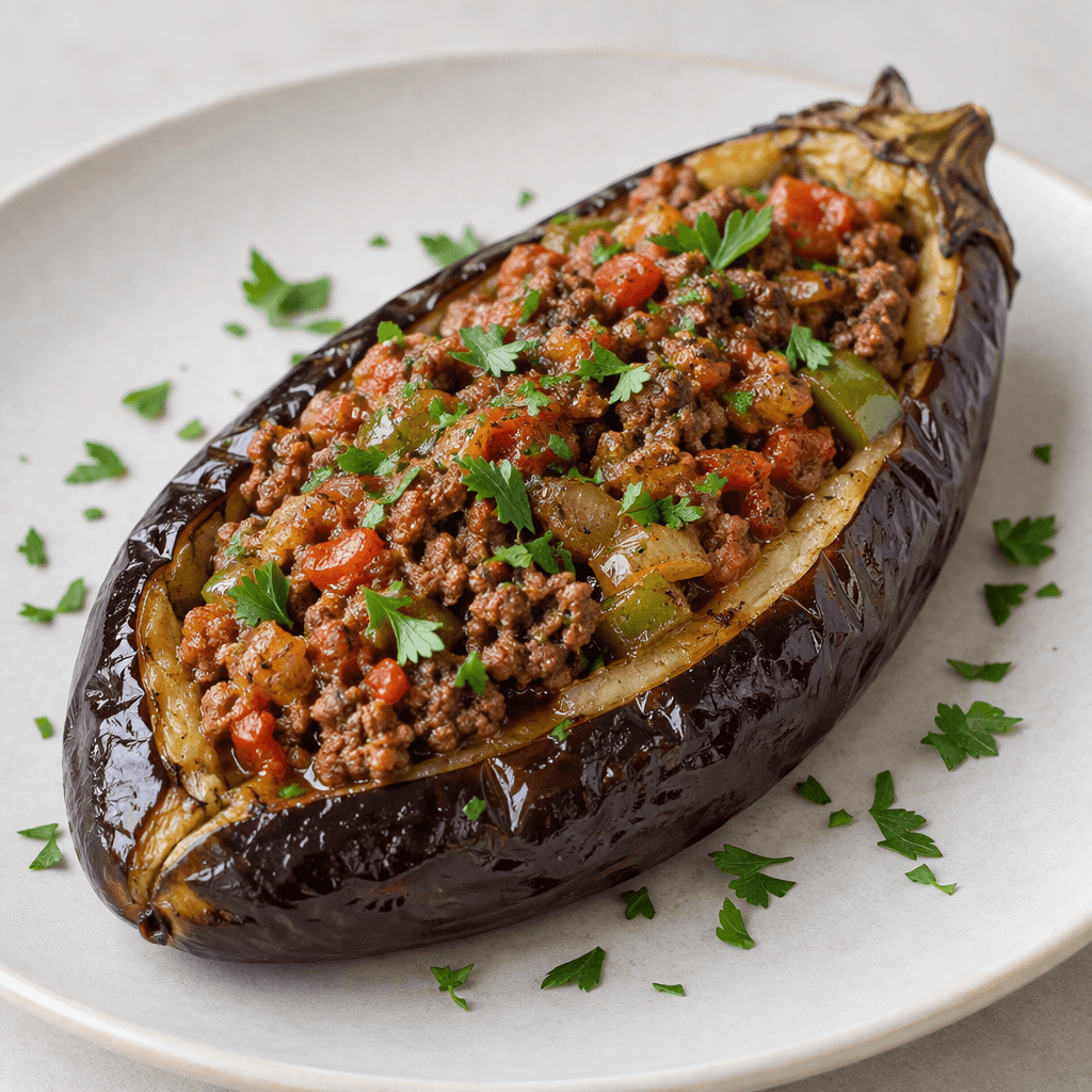 A dark purple eggplant split lengthwise and opened like a boat, filled with a coarse, browned ground-beef mixture with visible red tomato, onion and green pepper pieces, served on a plate with a glossy, tender-looking surface and scattered parsley.