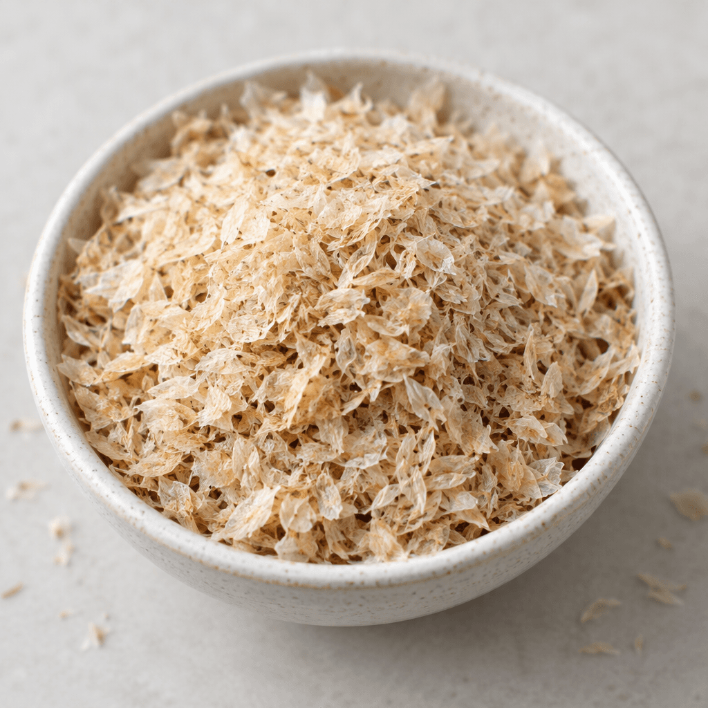 Loose psyllium husks appear as small, thin, curled flakes in pale beige to light tan, with a dry, papery texture, scattered in a shallow pile or small bowl.