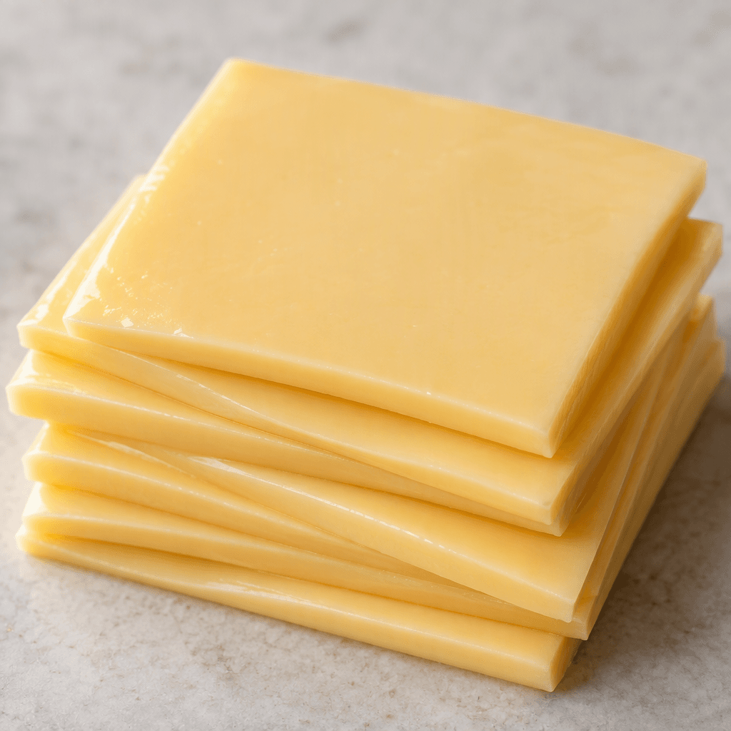 Smooth, pale yellow processed cheese is cut into neat rectangular slices with a soft, slightly glossy surface and uniform colour.