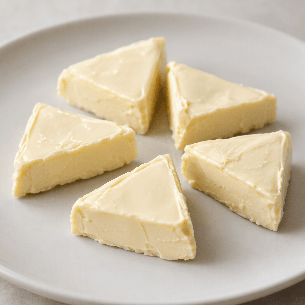 Small triangular portions of smooth, pale ivory processed cheese with a soft, spreadable texture, arranged on a plain plate.