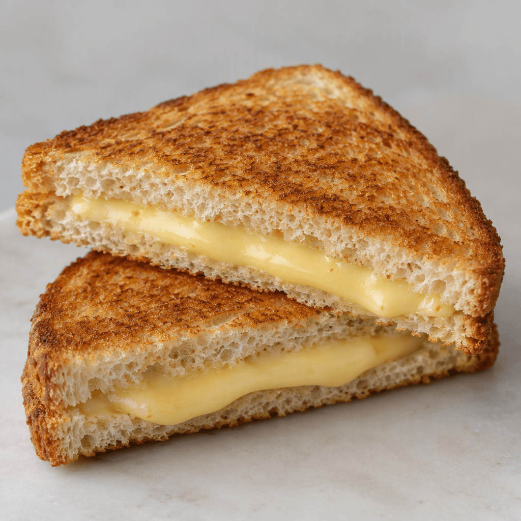 A golden-brown toasted sandwich, cut in half to show a soft, pale-yellow layer of melted processed cheese between the bread slices.