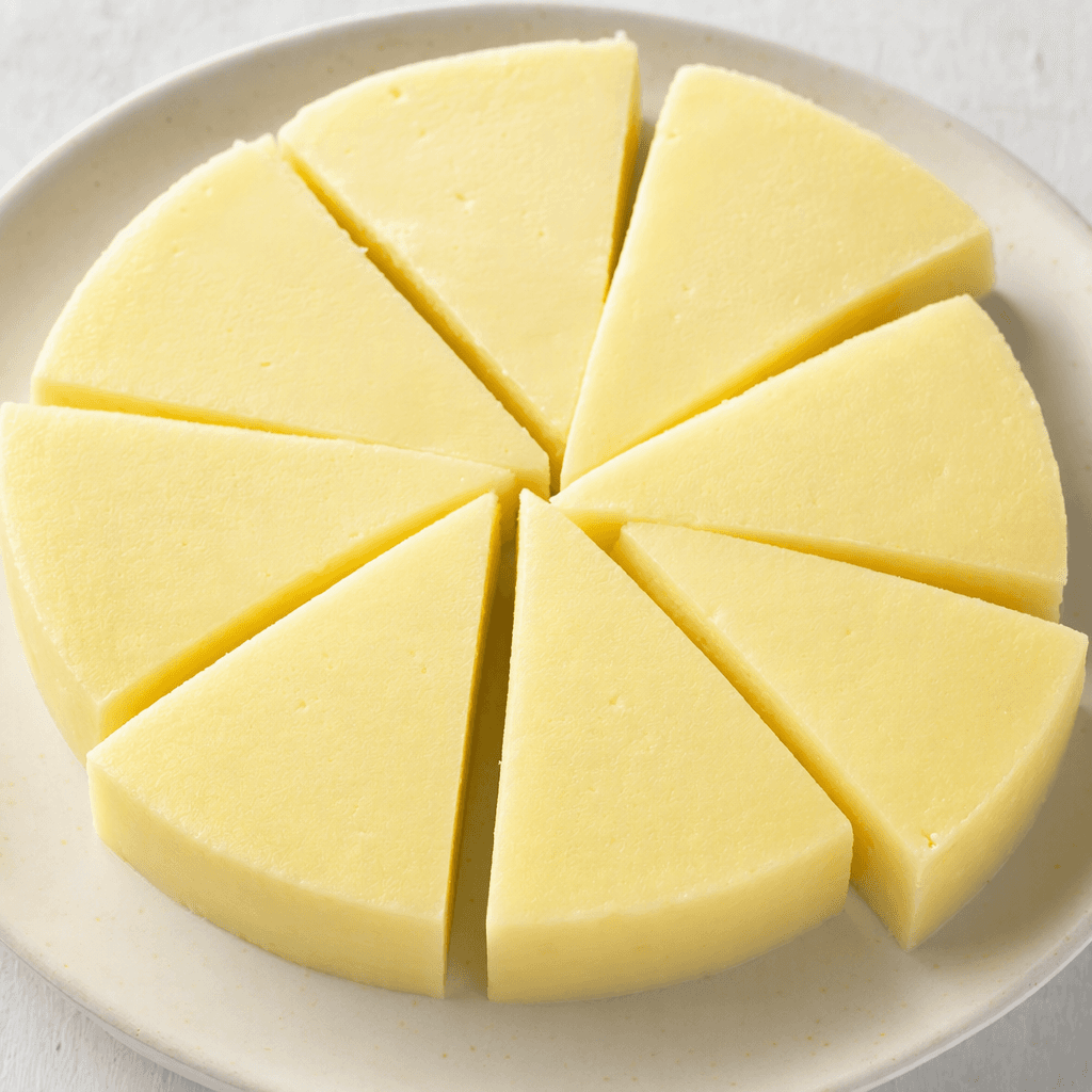 Small pale-yellow triangular portions of smooth, creamy cheese are arranged together on a plate.