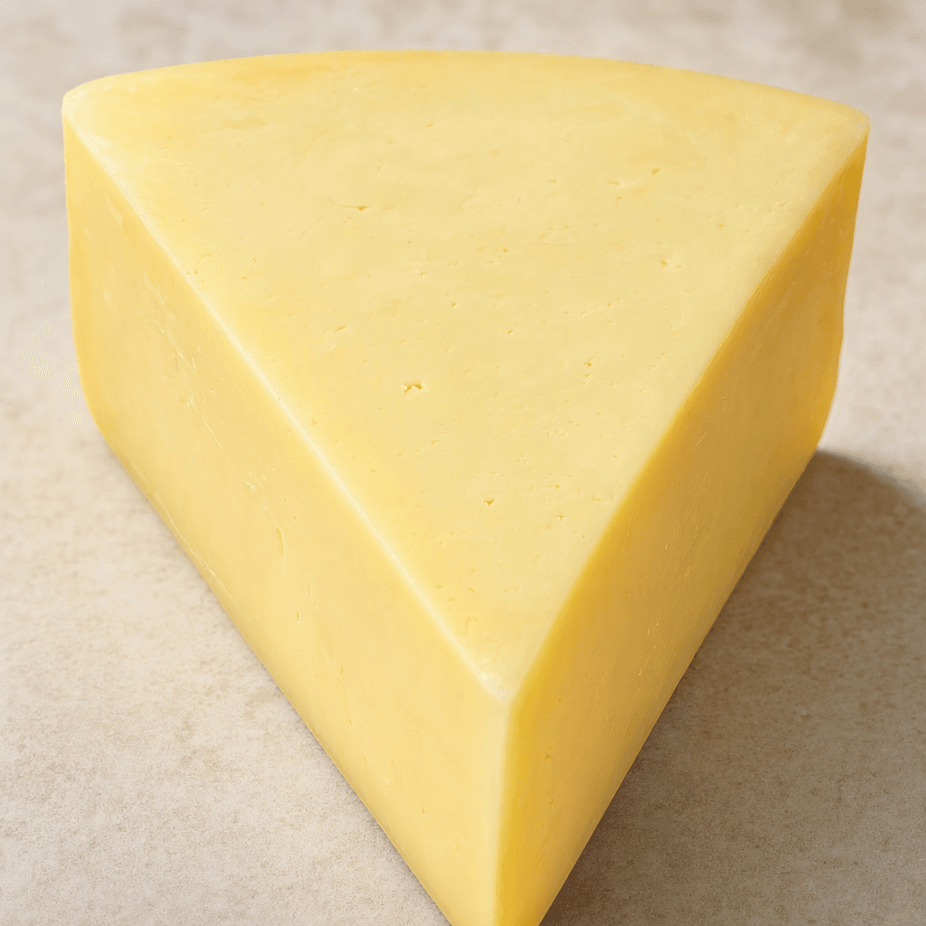 A large triangular portion of pale yellow cheese with a smooth, creamy surface and softly rounded edges.
