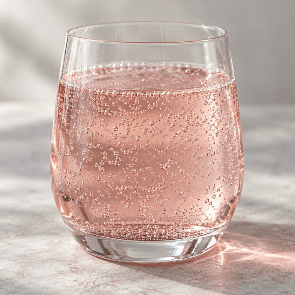 Pale pink, transparent mineral water with fine bubbles is served in a clear glass.