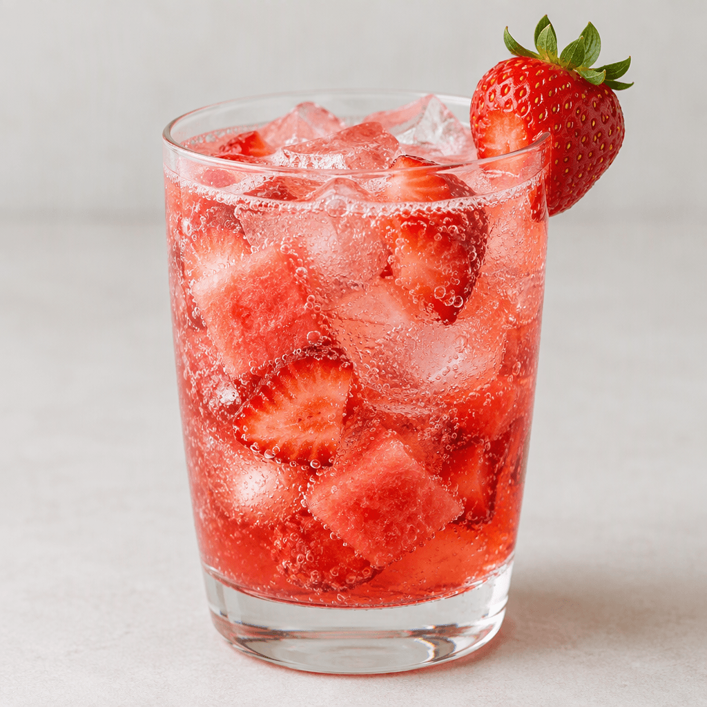 A bright pink-red fizzy drink sits in a clear glass with ice cubes, small pieces of watermelon and red strawberries visible through the bubbles, and a strawberry garnish on the rim.