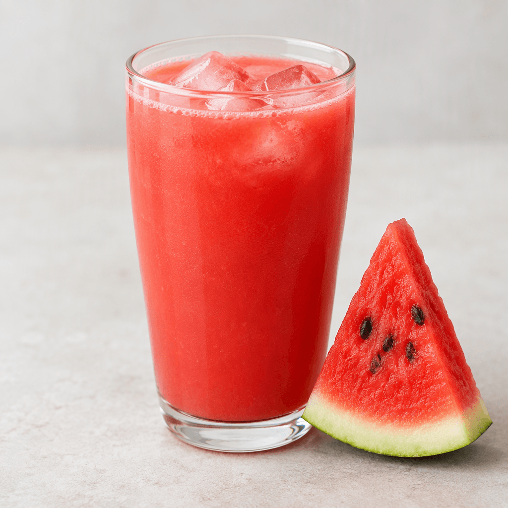 Bright pink-red watermelon juice with a smooth, slightly cloudy texture, served in a clear glass and topped with a few small ice cubes; a triangular watermelon wedge with vivid red flesh, pale rind, and dark seeds rests beside the glass.