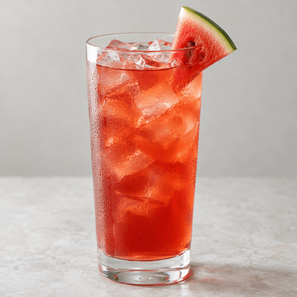 A tall clear glass holds translucent rosy-red iced tea with visible ice cubes and a small red watermelon wedge on the rim.