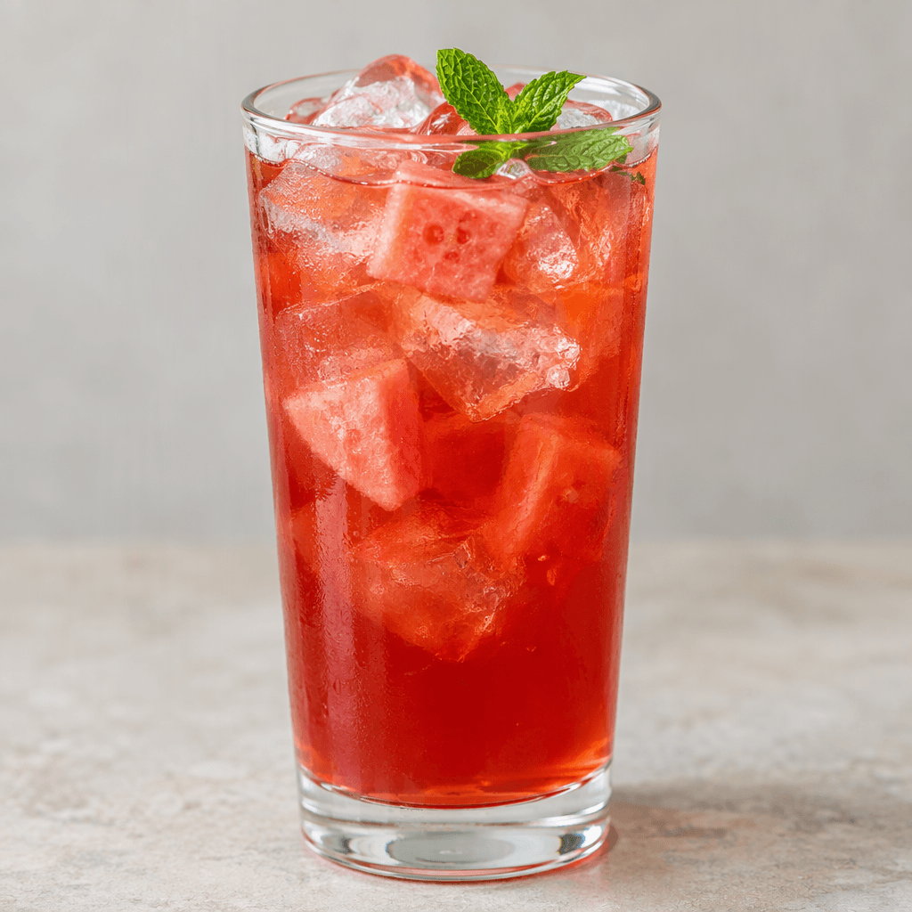 A tall clear glass holds translucent ruby-red watermelon tea over ice, with pale pink watermelon pieces and a small green mint sprig visible near the surface.