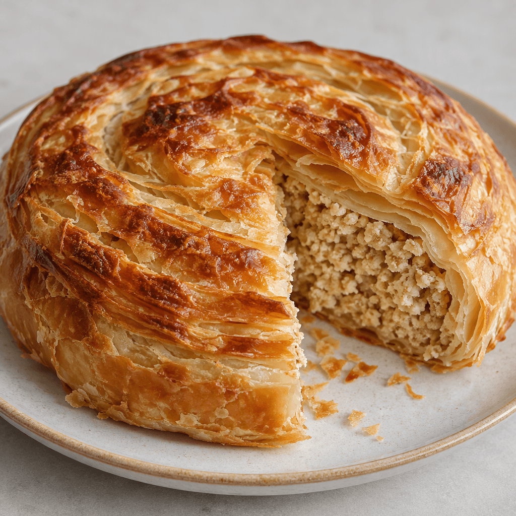 A round, golden-brown layered pastry with a lightly blistered, flaky surface and a visible pale beige, crumbly roasted-flour filling where it is cut open, served on a plate.