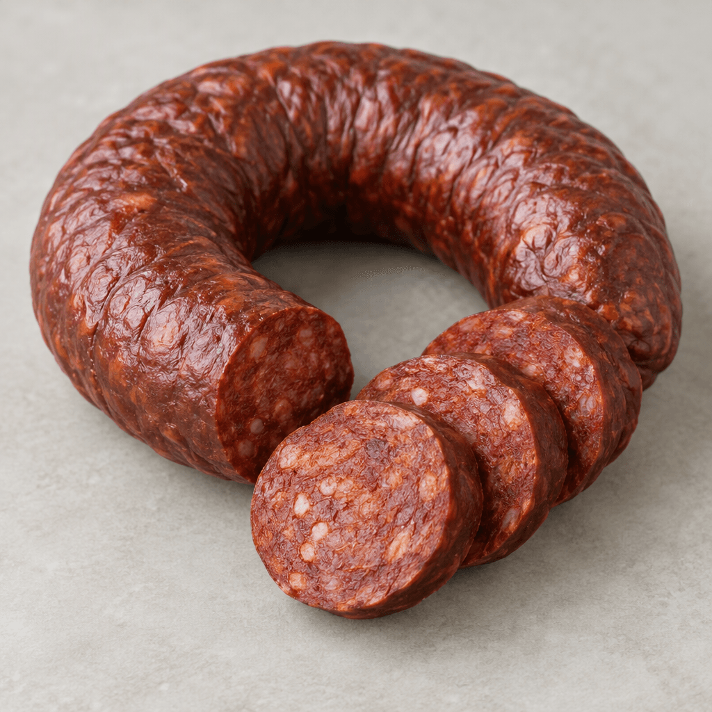A plump, deep reddish-brown sausage formed into a curved ring, with a firm, slightly wrinkled surface and several thick round slices showing a dense speckled red interior.