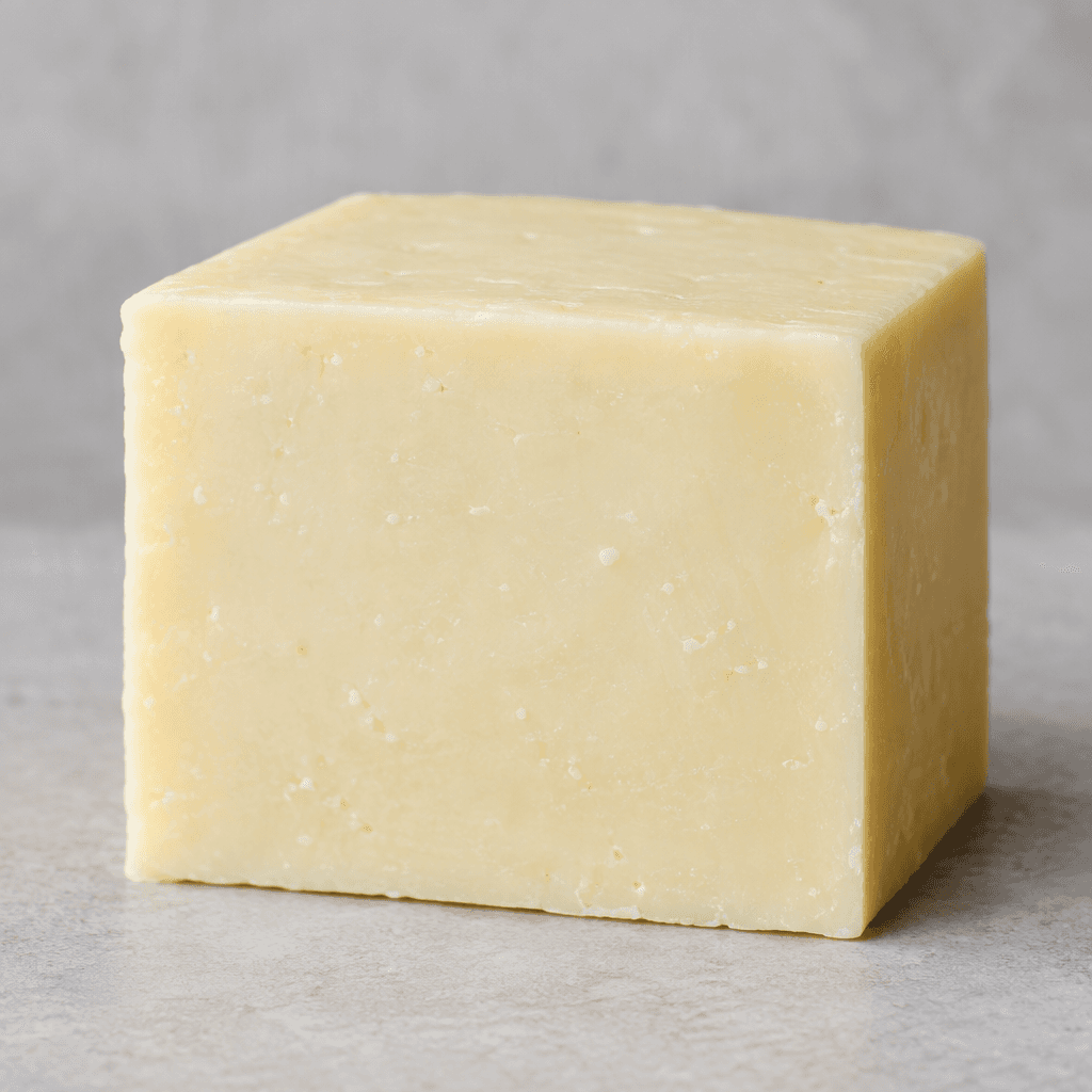 A pale ivory, firm cheese sits in a neat block, with a smooth surface and a clean-cut edge showing a dense, even texture.