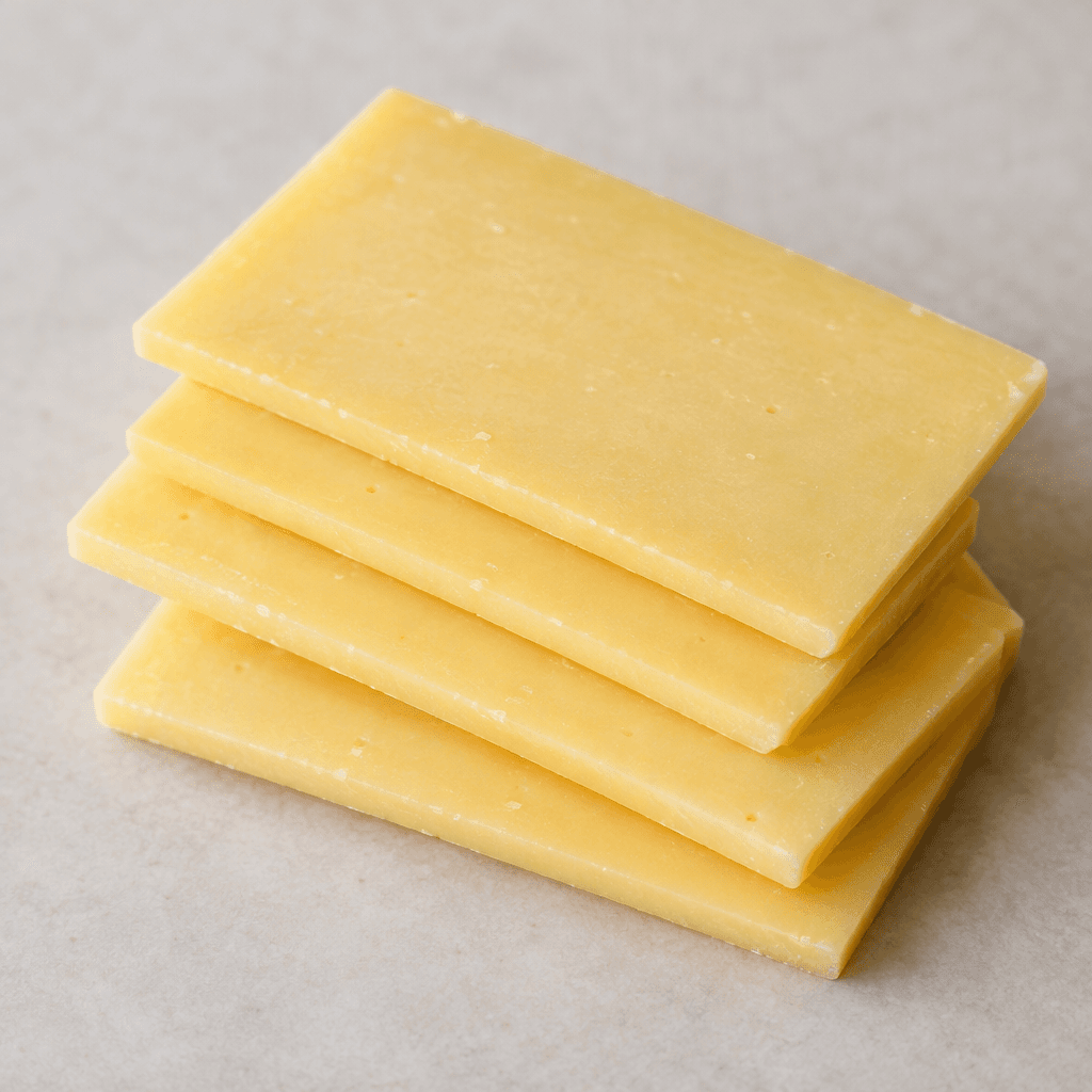 Thin, rectangular slices of pale straw-yellow semi-hard cheese with smooth surfaces, clean edges, and a slightly firm, even texture, arranged in a small overlapping stack.