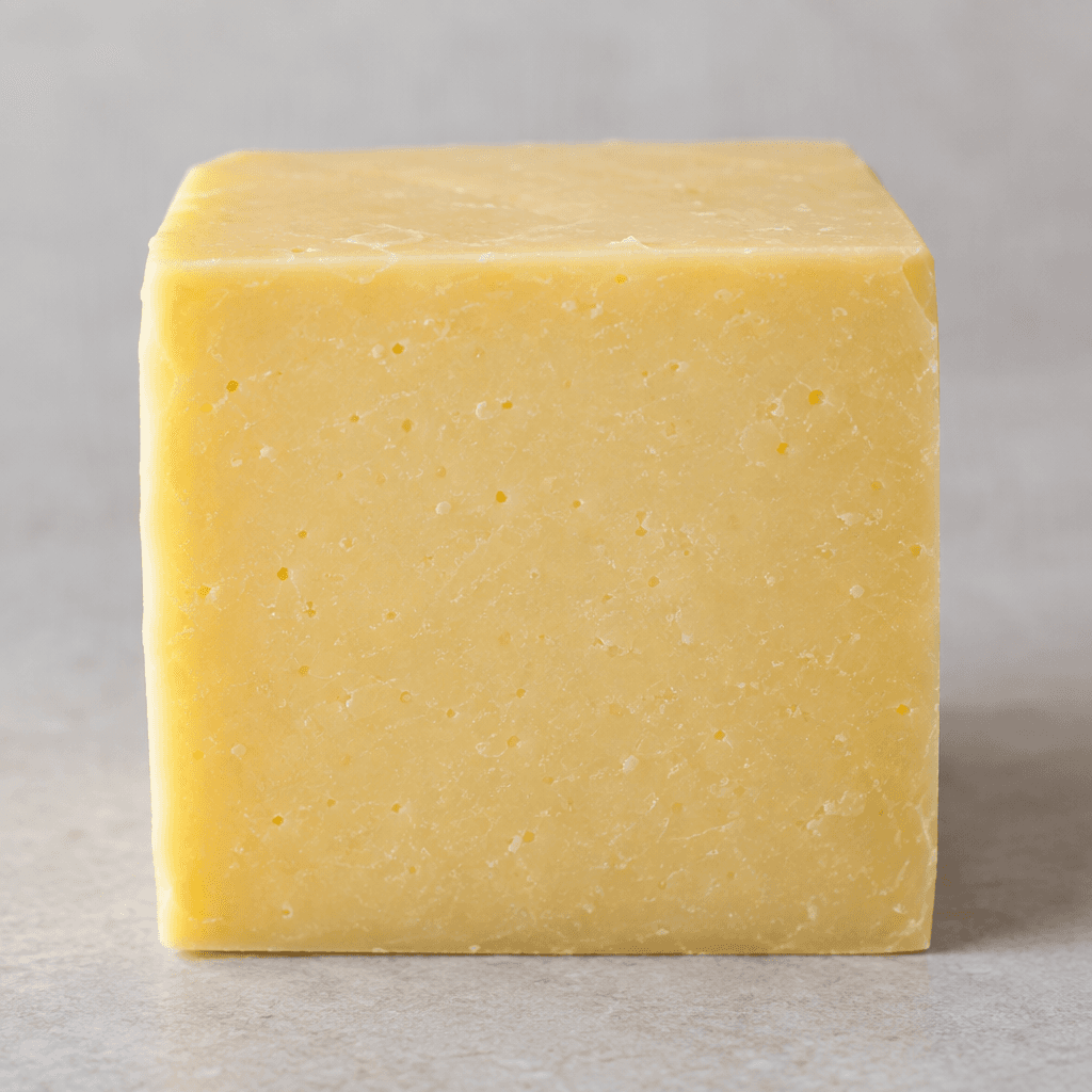 A compact, rindless block of semi-hard cheese with a smooth pale straw-yellow surface and a dense, fine-textured cut face.