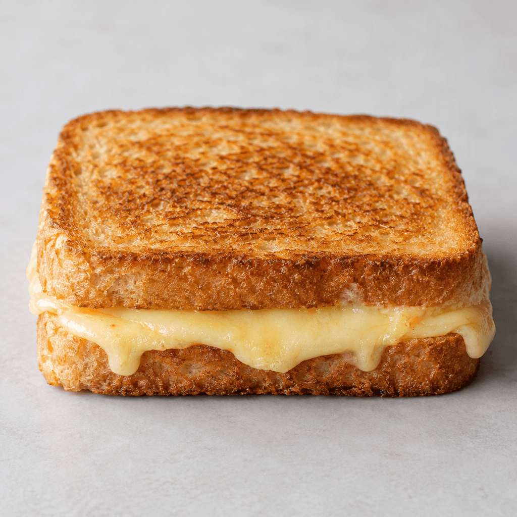 A compact rectangular toasted sandwich with evenly browned, crisp bread and pale straw-yellow semi-hard cheese visibly melted between the slices, with a little cheese oozing from the edges.