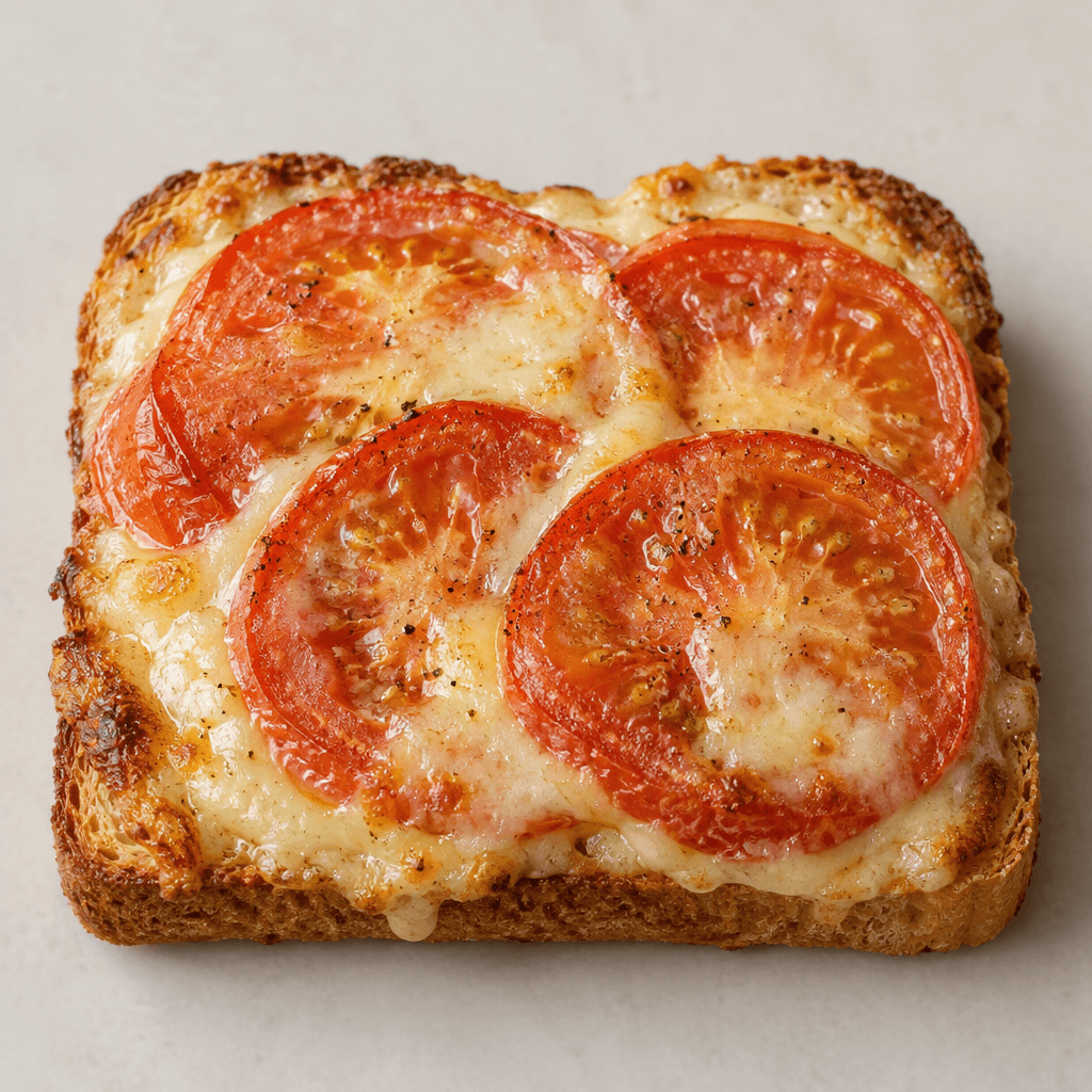 A single rectangular slice of golden-brown toast topped with melted pale yellow cheese and overlapping red tomato slices, with lightly crisp edges and a soft, glossy surface.