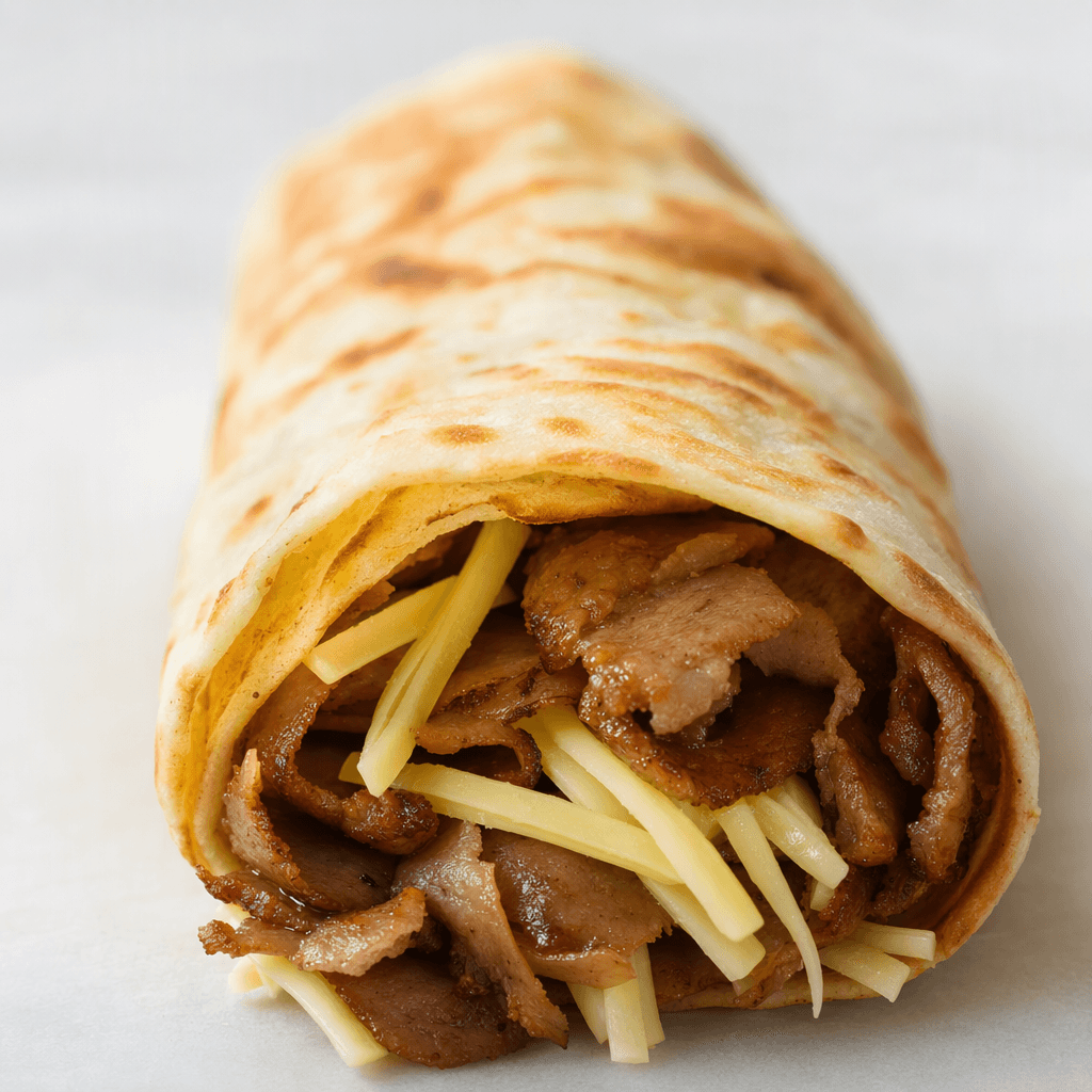 Hafif kızarmış yumuşak bir lavaşın içine ince döner eti şeritleri ve açık saman sarısı kaşar peyniri sarılmış, iç harcı açık ucundan görünüyor.