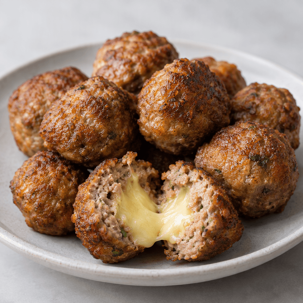 Golden-brown, round meatballs with a slightly rough, crisp-looking surface are arranged on a plate, with one split open to reveal a soft, melted pale straw-yellow cheese centre.