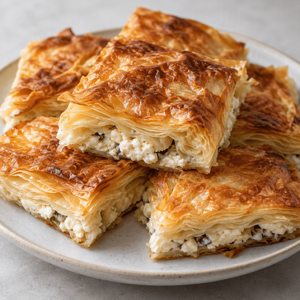 Altın sarısı, çıtır katmanlı milföy börek parçaları bir tabakta duruyor; katlarının arasında yer yer açık renkli peynir görünüyor.