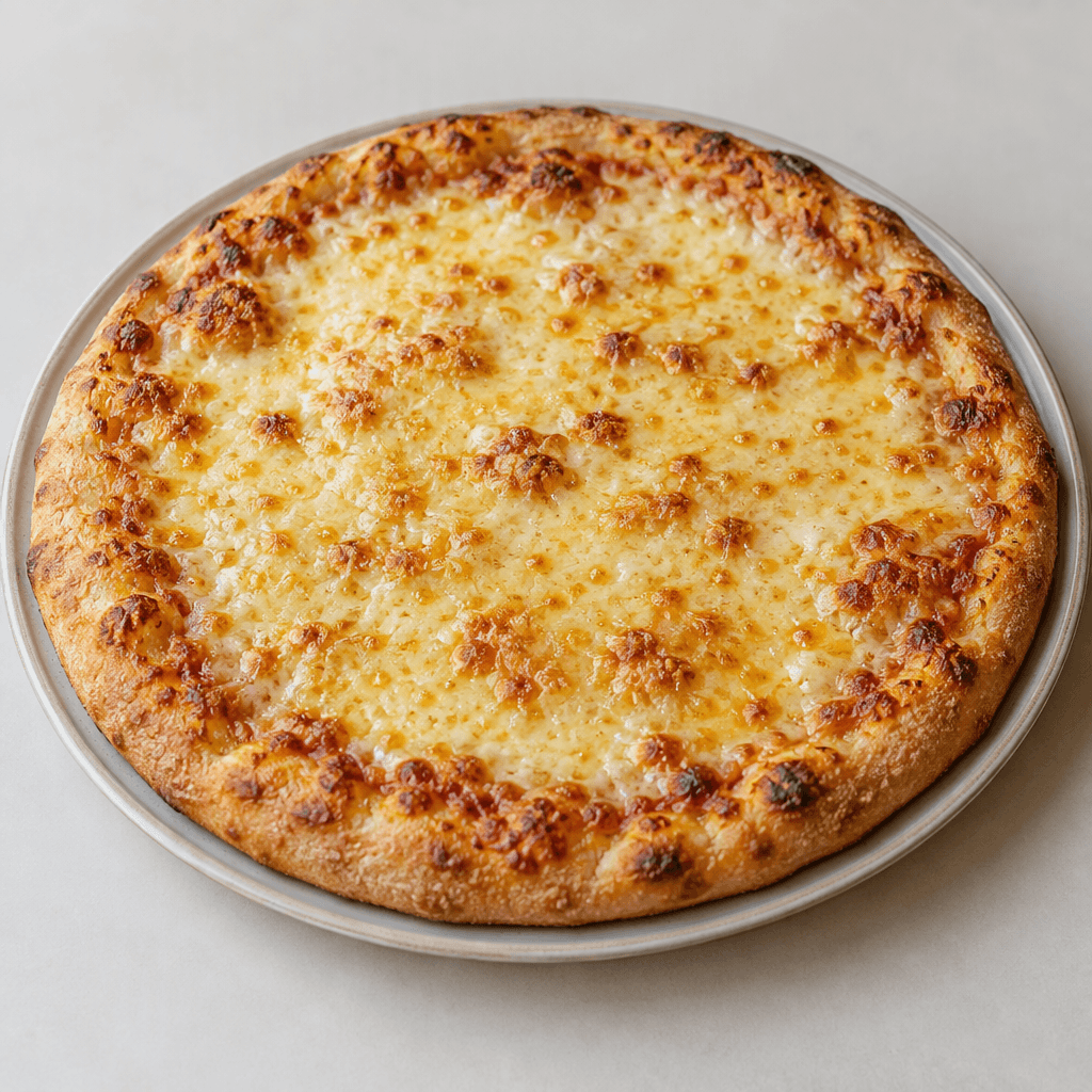 Düz bir tabakta bütün halde servis edilen, kenarları altın kahverenginde kızarmış yuvarlak pizzanın üzerinde, yer yer hafifçe kızarmış kenarlara ve parlak kabarcıklı bir yüzeye sahip erimiş açık sarı peynir tabakası bulunur.