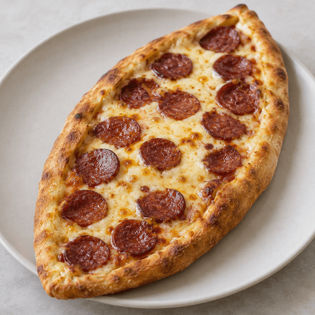 An elongated oval flatbread with a lightly browned, crisp-looking crust, topped with melted pale straw-yellow cheese and scattered thin, round slices of deep red-brown sucuk, served on a plain plate or wooden board.