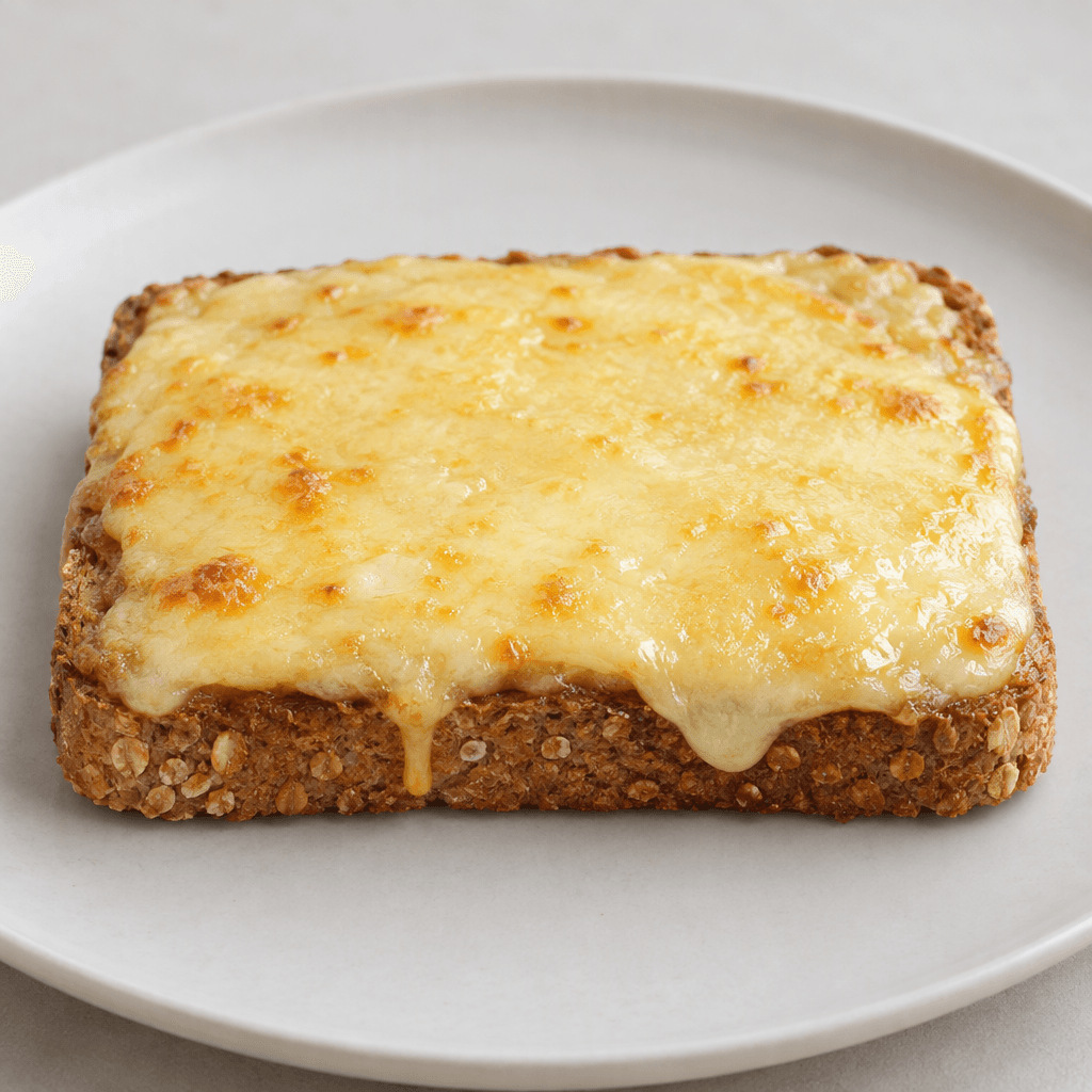 A rectangular slice of whole-wheat toast with a browned, grain-speckled surface, topped with a smooth layer of melted pale straw-yellow kaşar cheese that slightly drapes over the edges, served on a plain plate.