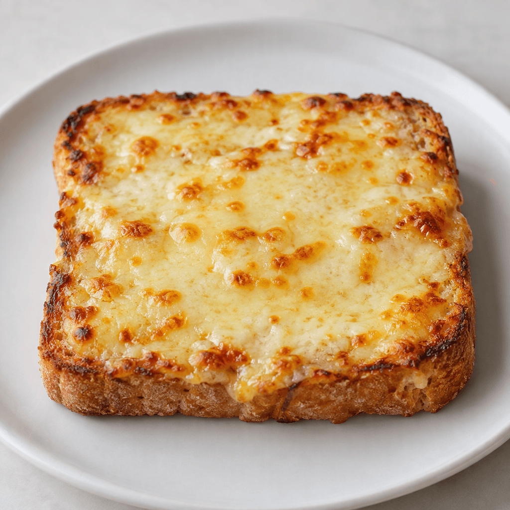 A rectangular slice of toasted bread with a pale golden, melted cheese layer spread across the top, lightly browned in spots and crisp around the edges, served on a plain plate.