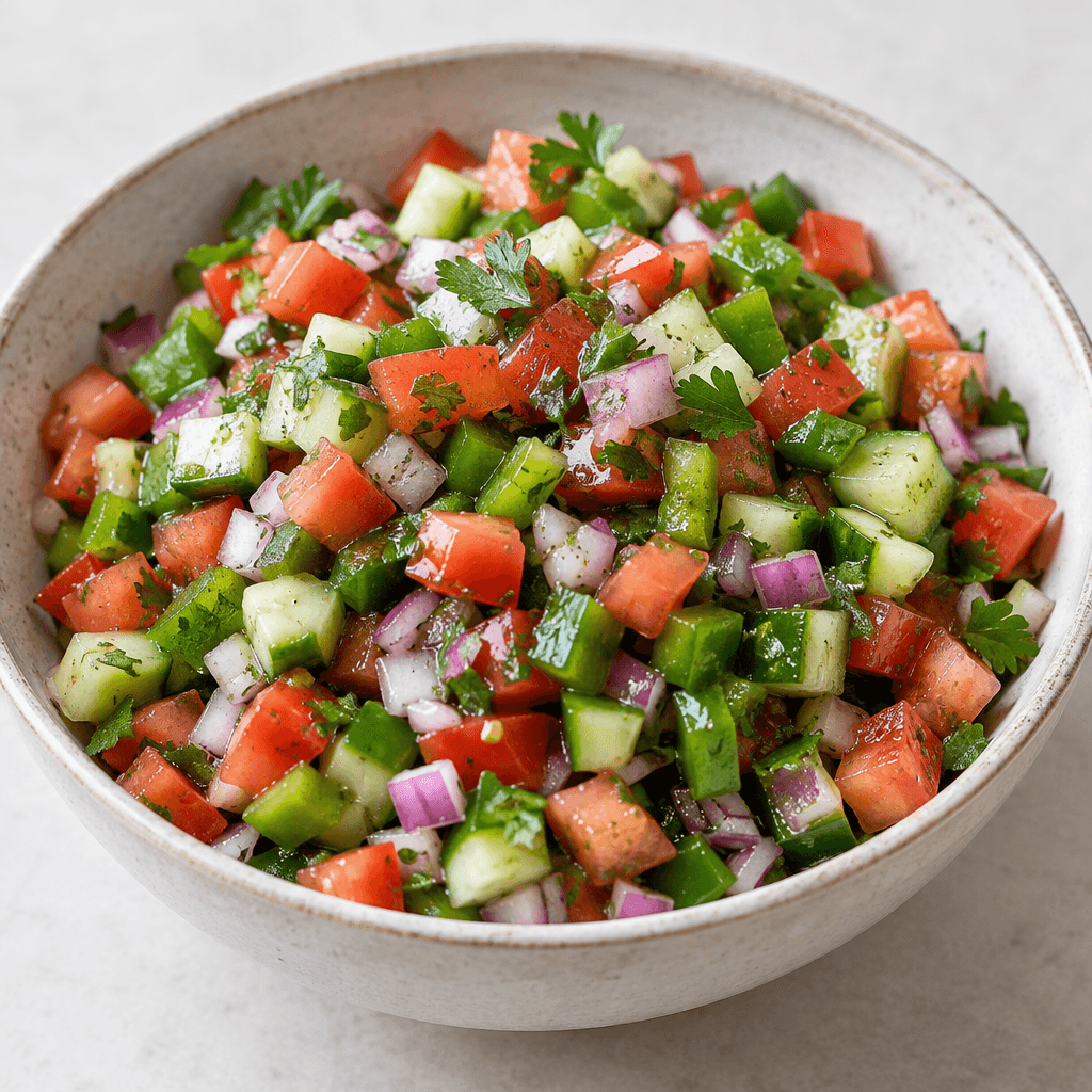 A shallow bowl filled with finely diced red tomatoes, pale green cucumber, crisp green peppers, purple onion and scattered bright parsley, with the colorful pieces lightly glistening in dressing.