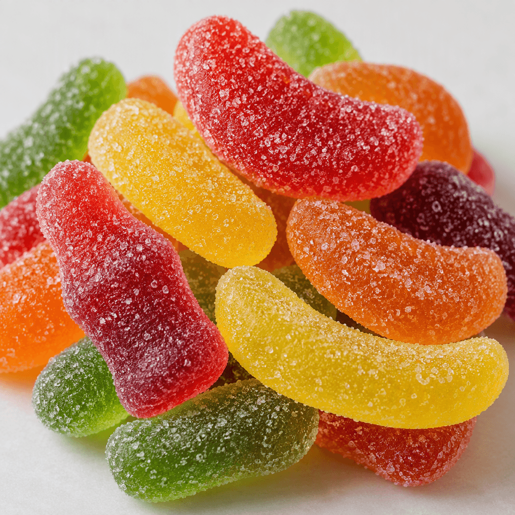 A small pile of brightly coloured, translucent gummy sweets in assorted curved and elongated shapes, each dusted with fine sugar crystals.