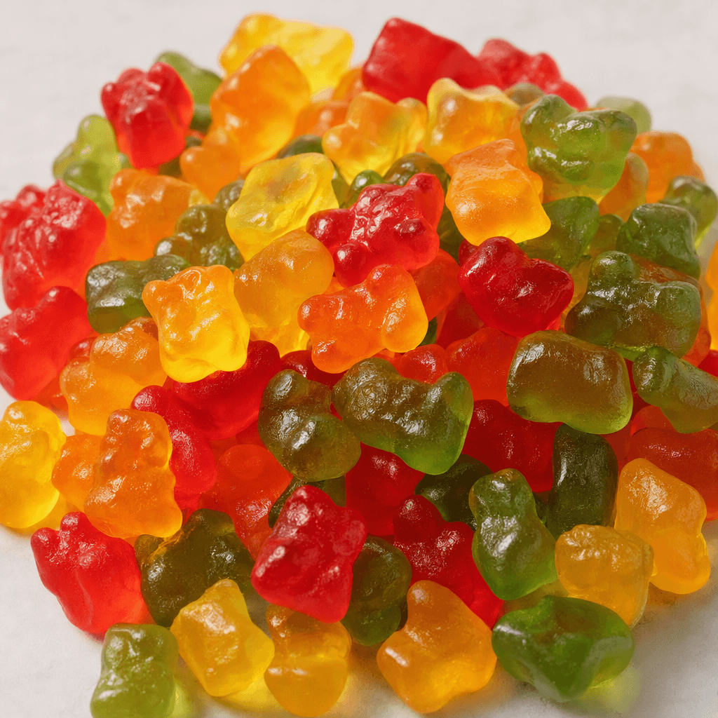 Small bear-shaped gummies in assorted red, orange, yellow, and green colors, with smooth, glossy, slightly translucent surfaces, scattered together on a plain surface.