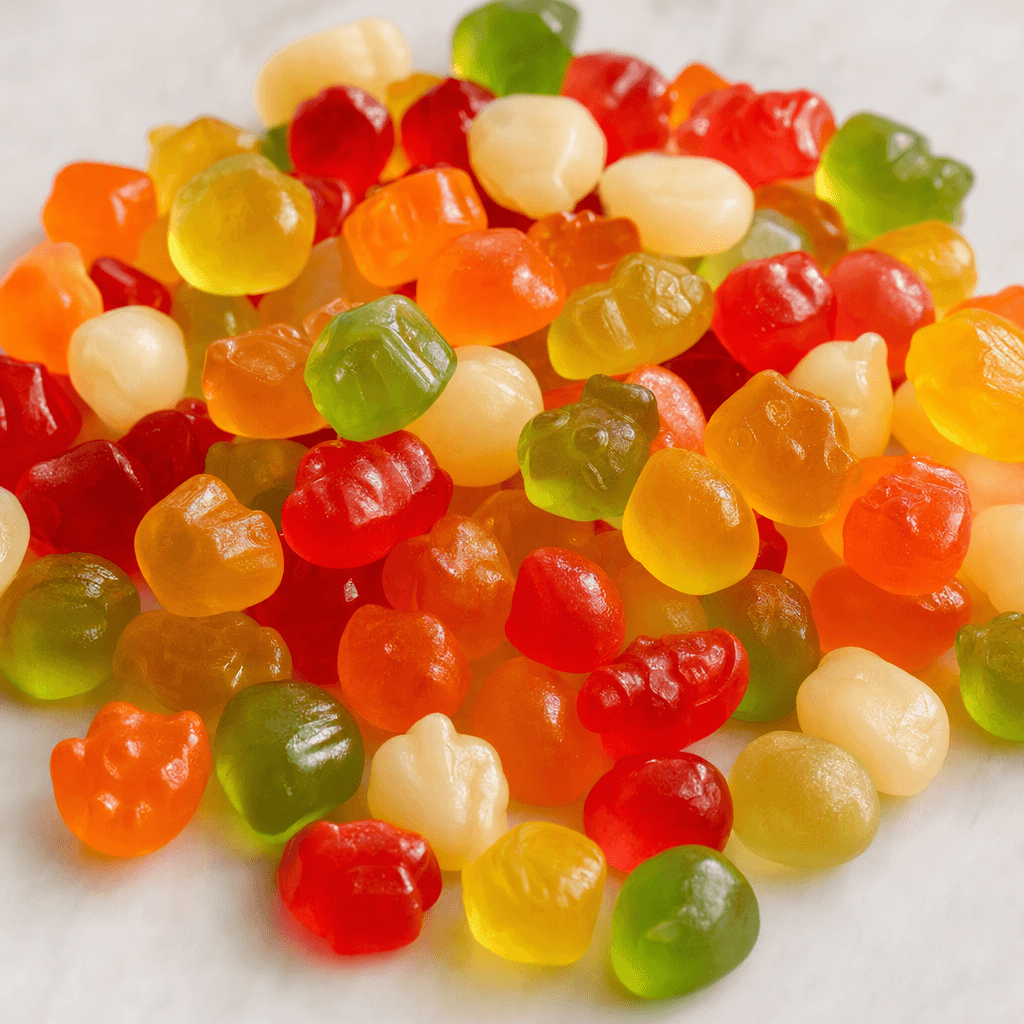 Small, brightly coloured soft candies in assorted rounded and animal-like shapes, with a smooth, slightly glossy surface and a mix of translucent fruit-gum colours and opaque pale pieces, scattered together on a plain surface.