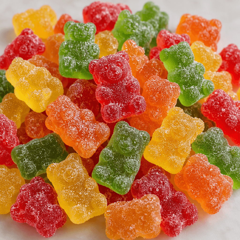 Small translucent bear-shaped gummies in bright red, orange, yellow, and green, with a fine coating of sugar crystals, are scattered together.
