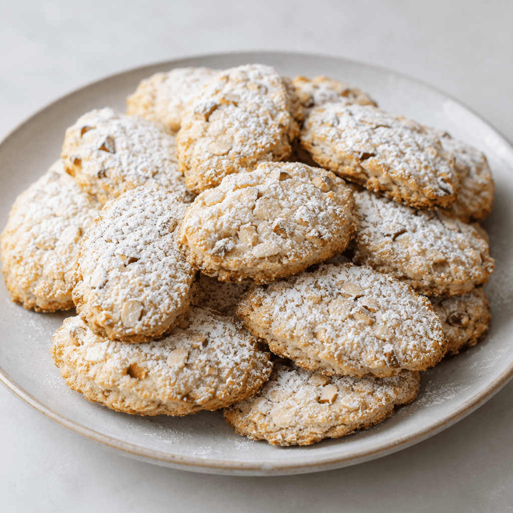 Pale, crumbly oval cookies with lightly browned edges, visible pieces of almond in the dough, and a generous coating of fine powdered sugar, arranged on a serving plate.