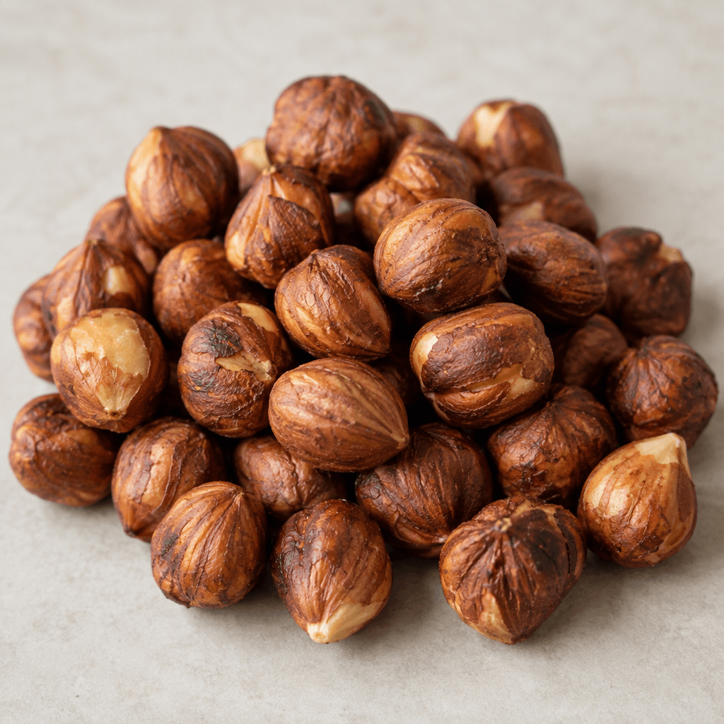 Whole roasted hazelnuts with warm brown, lightly blistered skins, irregular oval shapes, and a firm, slightly glossy surface, scattered in a small natural-looking pile.