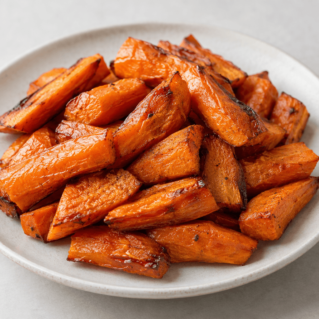 Orange carrot pieces with slightly wrinkled surfaces and browned, caramelized edges are arranged on a plate.