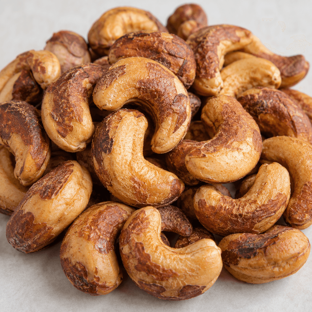 A loose pile of curved, kidney-shaped cashews with thin reddish-brown skins, golden tan surfaces and a few darker roasted patches.