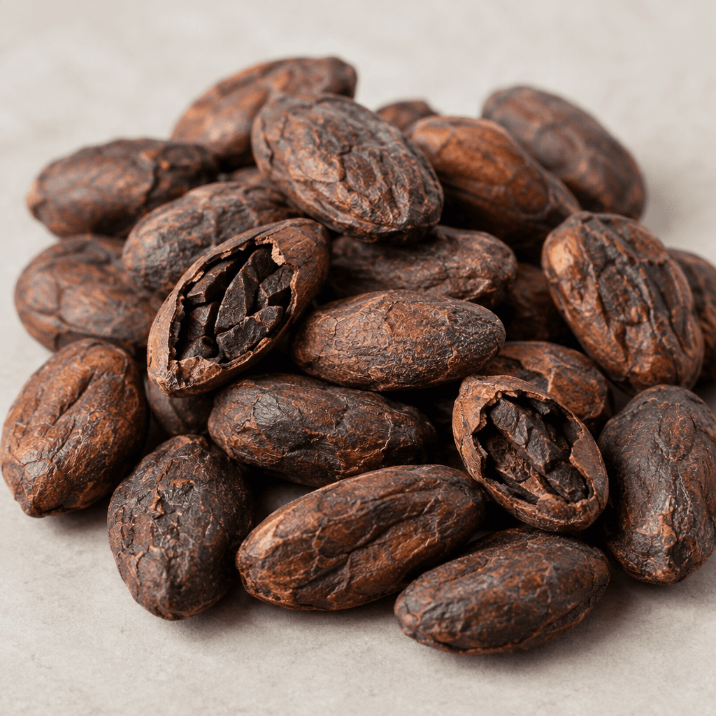 Dark brown roasted cacao beans lie scattered, their small oval forms slightly flattened and ridged beneath rough, wrinkled shells, with a few cracked open to reveal darker interiors.