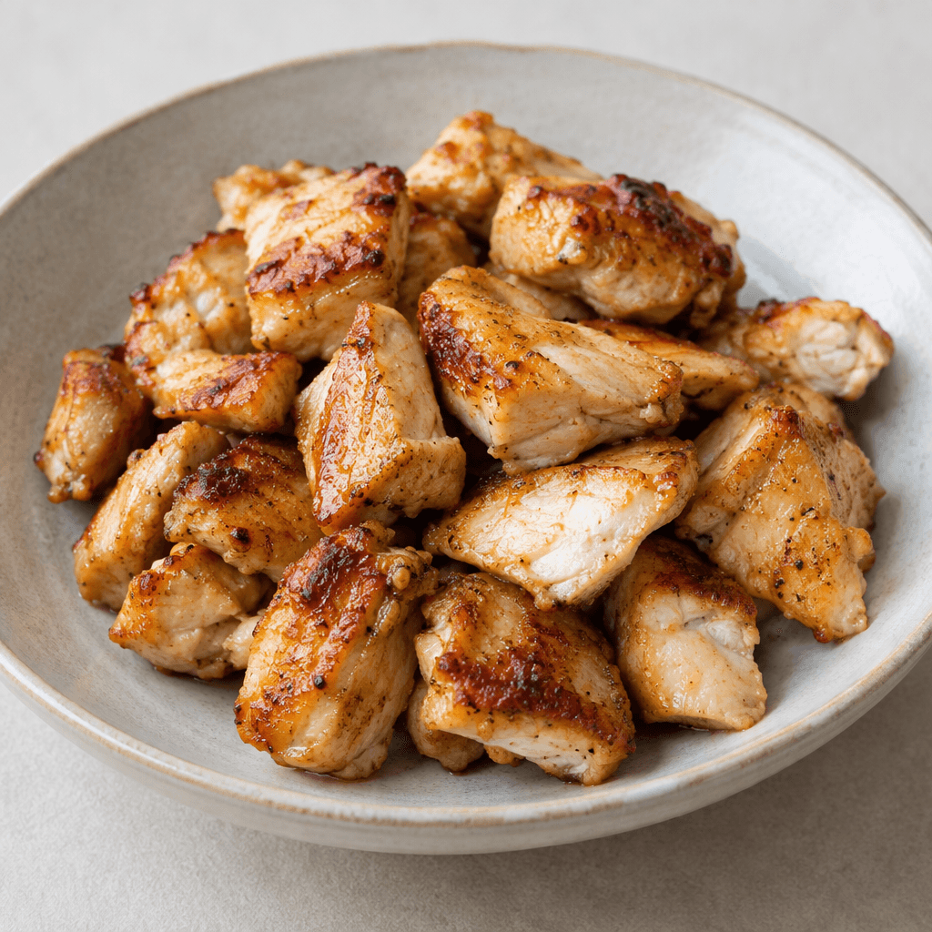 Irregular bite-sized pieces of chicken have a light golden-brown surface with darker seared edges, pale interior sections, and a lightly glossy coating, arranged together on a shallow plate.