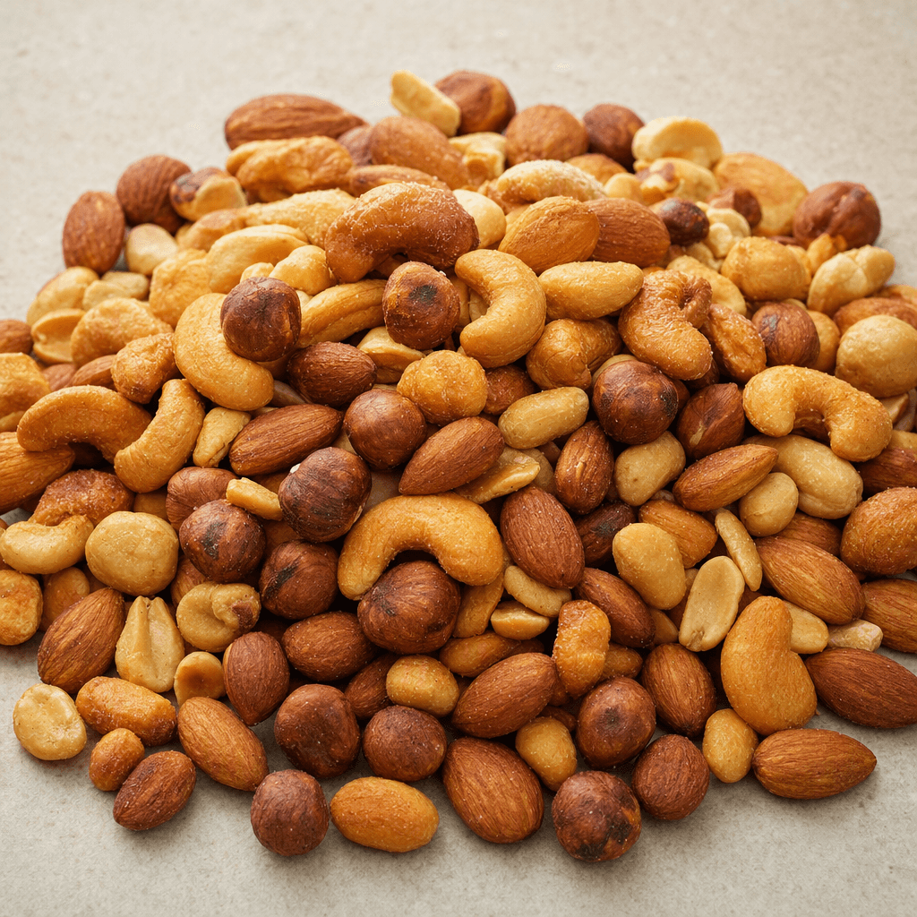A loose mound of roasted nuts in varied shapes and sizes, including curved cashews, oval almonds, round hazelnuts and peanuts, with golden-brown surfaces and occasional darker toasted spots.