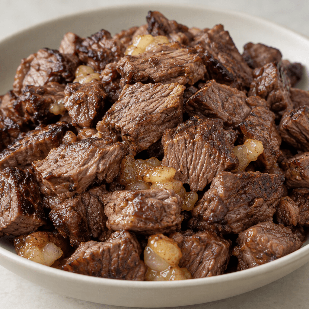 Irregular bite-sized pieces of browned beef with darker seared edges and visible strands of meat, mixed with small translucent pieces of rendered fat and served in a shallow dish.
