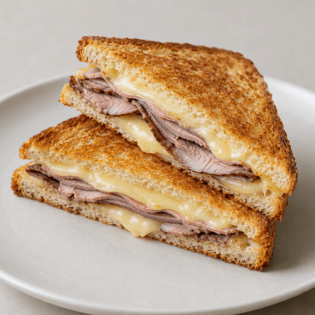 Two triangular toasted bread halves are stacked slightly askew, with thin slices of pale pink roast beef and melted pale straw-yellow kashar cheese visible between the crisp golden-brown bread, served on a plain plate.