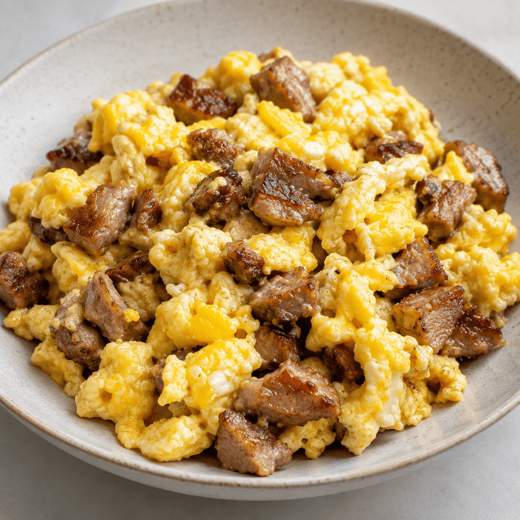 Soft, irregular yellow curds of scrambled egg are mixed with small browned pieces of sautéed meat, with a moist, slightly glossy texture, served in a shallow dish or skillet.
