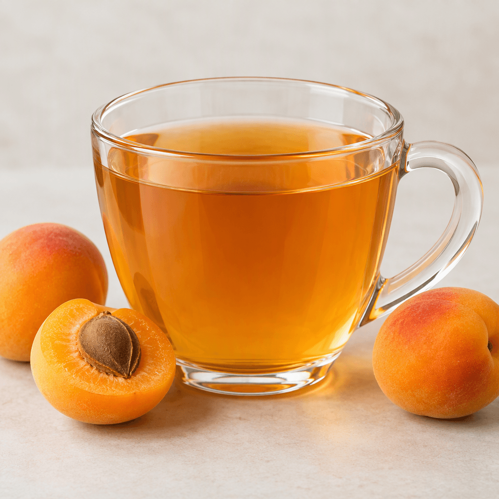 Clear amber-orange apricot tea fills a transparent glass cup, with a warm golden hue and a smooth, translucent surface.