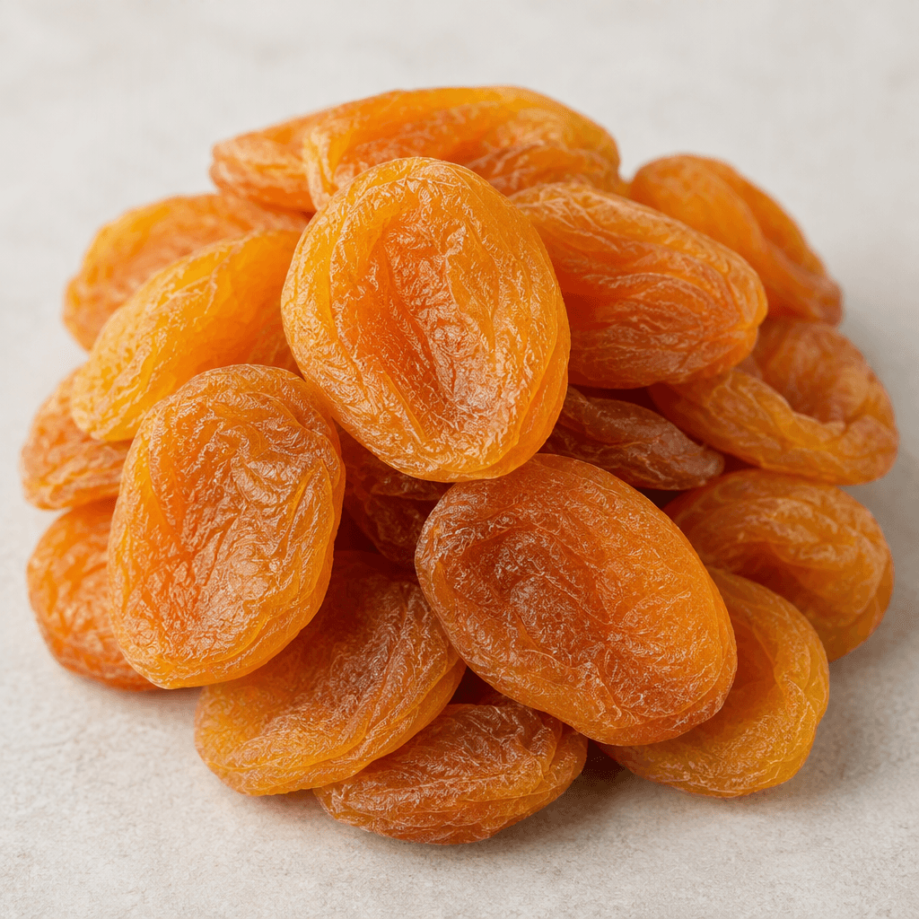 Dried apricots are soft, flattened oval pieces with wrinkled surfaces, golden-orange to amber colour, and slightly darker edges.