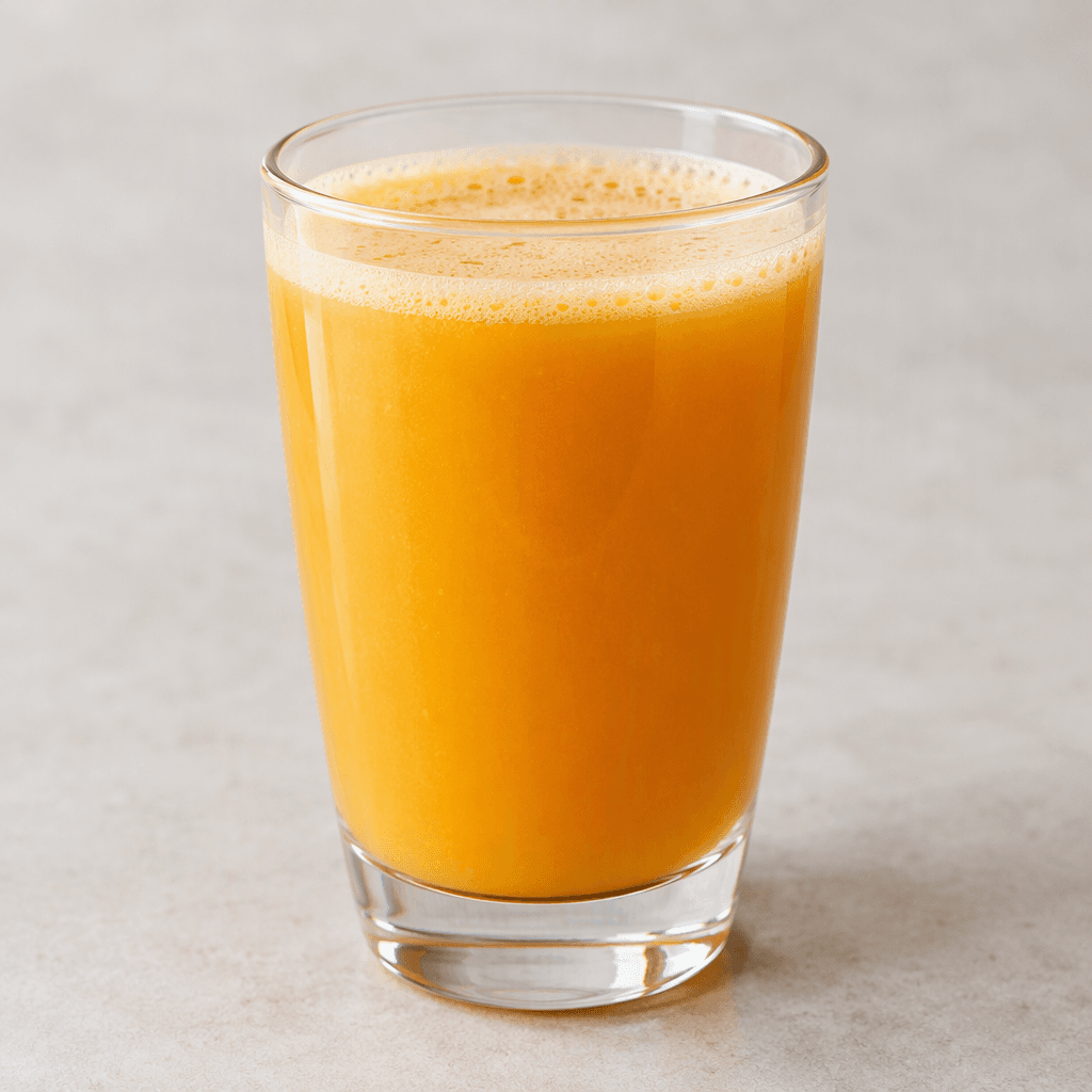A clear glass filled with opaque golden-orange apricot juice, with a smooth, slightly thick appearance and a small layer of pale froth at the surface.
