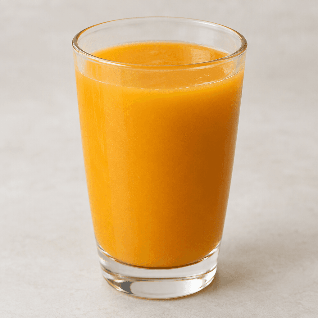 Opaque golden-orange apricot nectar with a smooth, slightly thick appearance, served in a clear drinking glass.