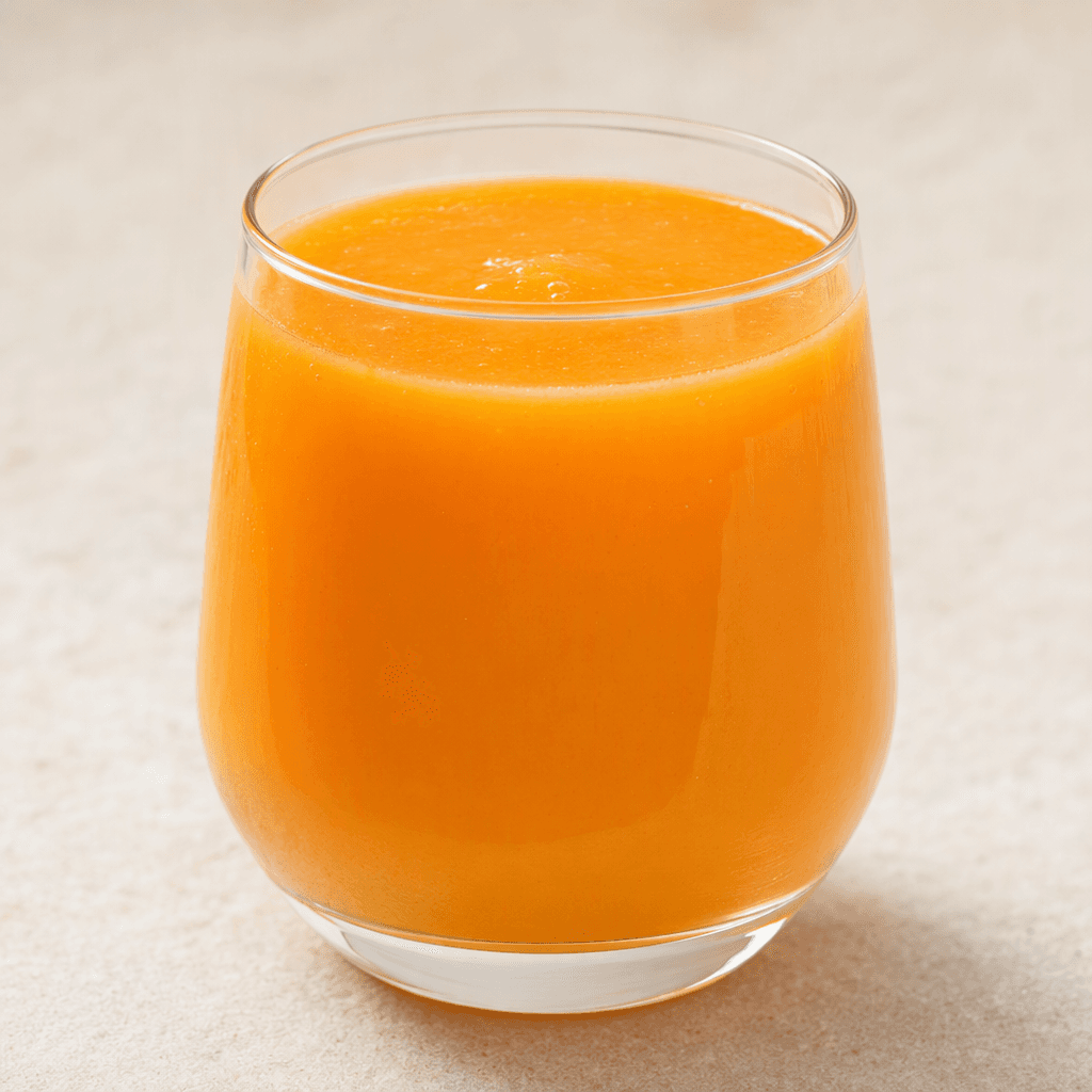 A smooth, opaque orange-gold apricot drink with a slightly thick appearance, served in a clear glass.