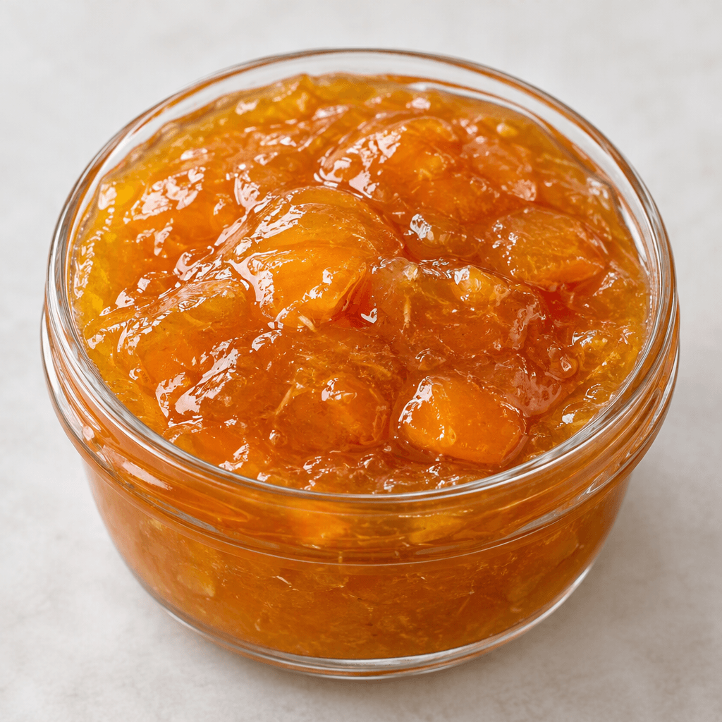 Glossy amber-orange apricot jam with a thick, slightly translucent texture, visible soft apricot pieces and fine fruit fibers, spooned into a small clear glass jar or bowl with a smooth, gently mounded surface.