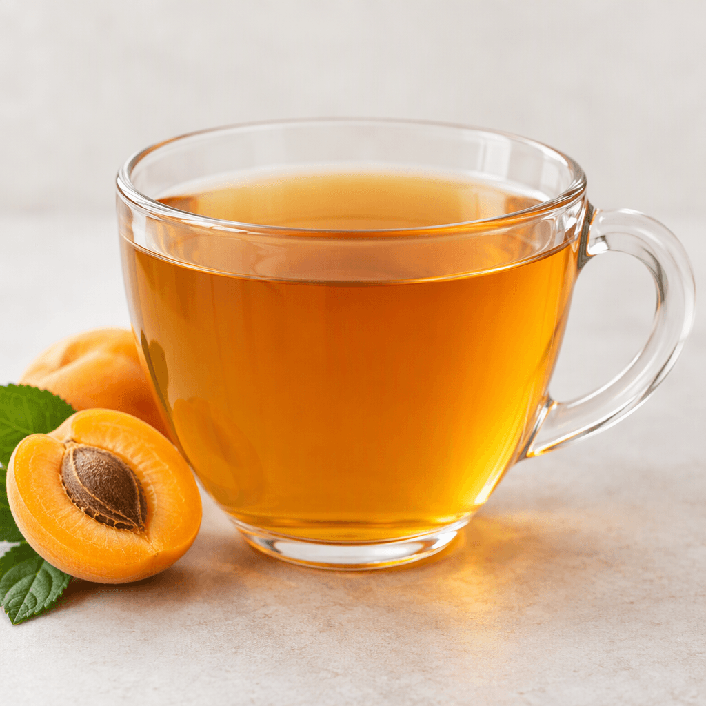 Clear, unsweetened apricot herbal tea with a warm golden-amber colour, served in a cup.