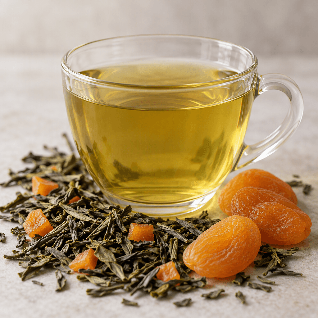 A clear cup holds translucent golden-green tea, with loose green tea leaves and small orange dried apricot pieces arranged beside it.