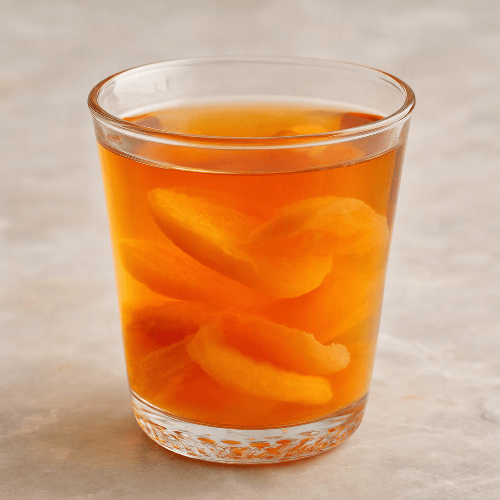 Clear amber-orange apricot tea is served in a transparent glass, with a few soft apricot pieces visible beneath the surface.